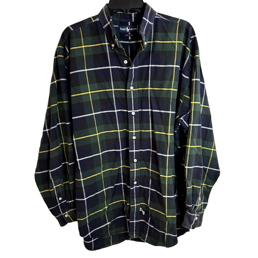Ralph Lauren Polo Long Sleeve Button Down Mens Size Large Navy Green Yellow